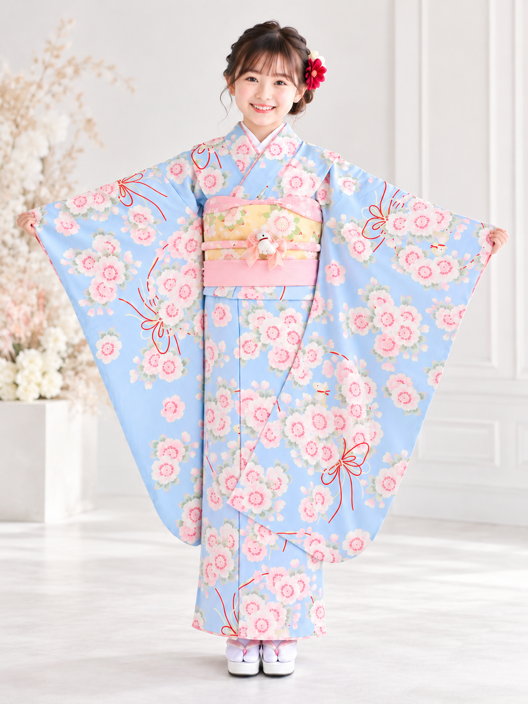 七五三レンタル(7歳女児結び帯) pomponette／水色×八重桜犬